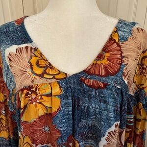 BUCKETLIST  BOHO Blue Floral V-Neck Tunic with Mustard & Rust Accents